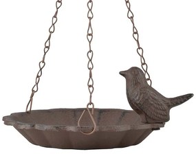 Felakasztható öntöttvas madáretető és itató, egy kismadárral