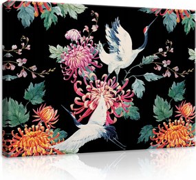 Vászonkép 70x50 Darvak krizantém virágok madarak fekete keleti háttér