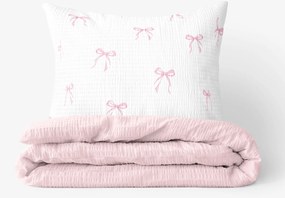 Goldea gyermek krepp ágyneműhuzat duo - rózsaszín masnik, púderrózsaszín hátoldal 140 x 200 és 70 x 90 cm