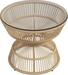 Outsunny Rattan Oldal asztal, Ø60 cm Kávézóasztal Kertasztal Edzett Üveg Asztallappal, Balkon Asztal Boho Dizájnban, Kávézóasztal a Kerthez, Balkonhoz