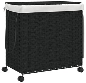 fekete rattan szennyeskosár kerekekkel 60x35x60,5 cm