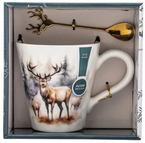 Szarvasok erdőben porcelán bögre szett rénszarvas fejes kanállal - 480 ml