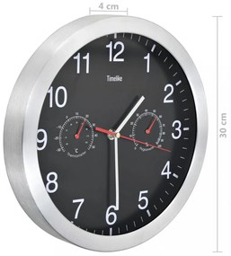 kvarcszerkezetes fekete falióra higrométerrel, hőmérővel 30 cm