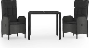 vidaXL 3 részes fekete polyrattan kerti étkezőgarnitúra párnákkal