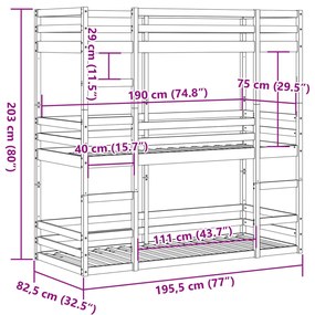 viaszbarna tömör fenyőfa háromszintes ágy 75 x 190 cm