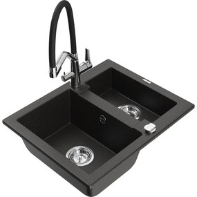 Mexen Carlos 1,5 medencés gránit mosogató Duo konyhai csapteleppel, fekete/arany metál - 6518-75-671701-07
