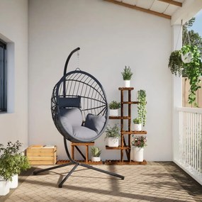 szürke rattan és acél függő kagylószék állvánnyal
