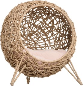 PawHut Rattan Macskaház Párnával - Macska Alvóhely, Macskabarlang Emelt Lábakkal, Természetes Ø52 x 58 cm | Aosom