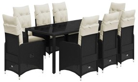 9 részes fekete polyrattan kerti bisztrógarnitúra párnákkal