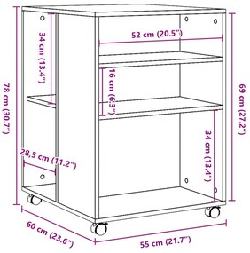 betonszürke szerelt fa kisasztal kerekekkel 55 x 60 x 78 cm