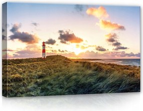 Vászonkép 60x40 Naplemente világítótorony tenger homok ég felhők nyugalom