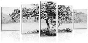 5-részes kép keleti cseresznyefa fekete fehérben