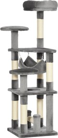 PawHut Macskafa, Macska Kaparóoszlop, Macska Játék Torony, Macska Mászófa, Kaparóoszlop Hinta Szürke L40 x W40 x H132 cm | Aosom