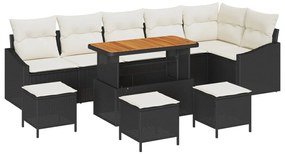 10 darab Kerti Kanapészett Párnákkal Fekete Poli Rattan Akácia, 2-személyes Kerti Kanapé Tárolóval és Párnákkal Fekete Poli Rattan, 4 darabos Kerti Étkező Szett Párnákkal Fekete Poli Rattan Akácia