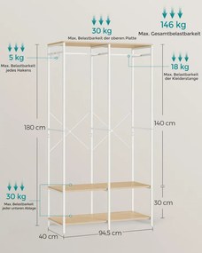 SONGMICS nyitott ruhásszekrény akasztóval és polcokkal, 40 x 94,5 x 180 cm, bézs
