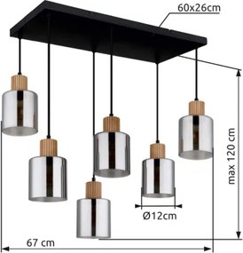 Globo 15768-6 Függőlámpa, fekete matt fém, sötétbarna fa, füstszínű üveg, fekete PVC kábel, magassága rövidíthető, HxSzxM: 670x330x1200mm, 6x E27 25W 230V izzók nélkül