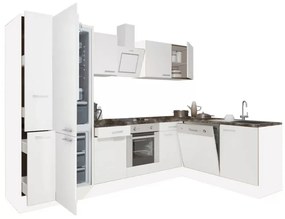 Yorki 310 sarok konyhablokk fehér korpusz,selyemfényű fehér front alsó sütős elemmel alulagyasztós hűtős szekrénnyel