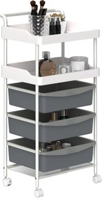 HOMCOM Helytakarékos Konyhai Kocsik 5 Szinttel, 2 Rögzített Tálcával és 3 Csúszó Tálcával, Tároló Kocsi Acél és PP Kerekekkel, Nappaliba, Konyhába, Ir