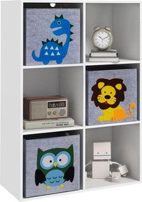 ZONEKIZ Gyermek Játékpolc Könyvespolc Gyermekeknek 3 Éves Kortól 6 Tárolórekesszel és 3 Nem Szőtt Szövet Fiókkal Állati Mintával 61.8x29.9x91.5 cm Feh