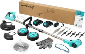NITRONIX akkus bozótvágó kerekekkel + 2x akkumulátor + pengék + tárcsa + tartozékok