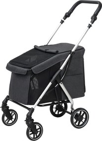 PawHut Könnyű Kutyakocsi Alumíniumból Készült, Összecsukható Kutyák és Macskák Számára - Macska Kocsi Párnázott, Hálós Ablakokkal, Ajtókkal, Tárolókos