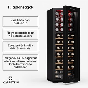 Klarstein Bovella 44 Duo+ borhűtő, 2 az 1-ben, 44 palack, 2 zóna, 9 polc, Érintéses vezérlés