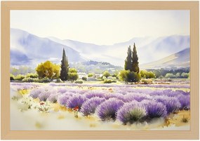 Poszter Keret Fa Tájkép Franciaország Provence Hegyek Mező Virágok 60x40
