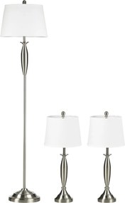 HOMCOM 3 Darabos szett 1 állólámpa, 2 asztali lámpa, vászonhatású 38 x 38 x 158 cm, ezüst-fehér