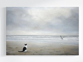 Vászonkép Canvas Tájkép Tenger Tengerpart Hullámok Macska Sirály Szürke 120x80