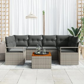 7 darabos kerti kanapészett párnákkal szürke poli rattan akác, 2 személyes kerti kanapé párnákkal szürke poli rattan