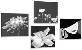 Képszett női elegancia és virágok fekete-fehér változatban