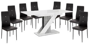 Maasix WGS Szürke-Magasfényű Fehér Z 8 személyes étkezőszett Fekete Elvira székekkel