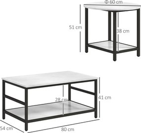 HOMCOM Dohányzóasztal szett, 2 kisasztal, márványhatású, állítható lábak, acél, 80 x 54 x 41 cm, fekete-fehér