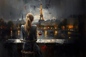 Canvas Vászonkép Nő Párizs Eiffel-torony Este Bor 120x80