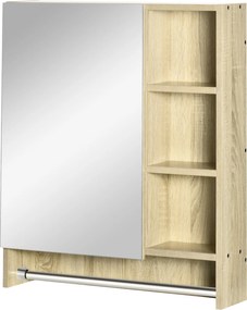 Kleankin Tükörrel ellátott Fürdőszekrény Fali Szekrény 1 Ajtóval Állítható Polc Törölközőtartóval és Rekesszel, Függő Fürdőbútor, 60x15x70 cm Tölgy |