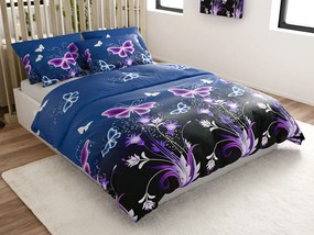 Mikroplüss ágyneműhuzat szett VIOLET BUTTERFLY sötétkék + mikroplüss lepedő SOFT 180x200 cm fehér, dupla ágyhoz