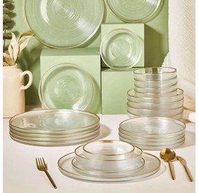 24 részes üveg étkészlet — átlátszó, arany díszítéssel