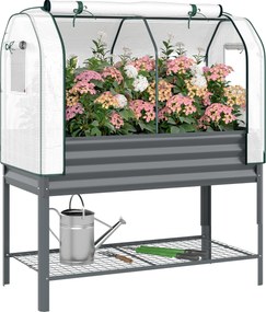 Outsunny emelt növénytartó PE üvegházfedéllel — Horganyzott emelt virágágyás 167 l, bélés és alsó polc, 120 x 55 x 140 cm | Aosom
