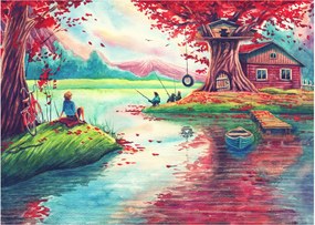 Kép - akvarell, Öböl egy hegyi faluban (üvegen) (70x50 cm)