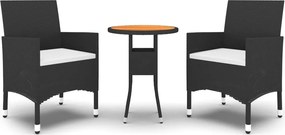 vidaXL 3 részes fekete polyrattan és tömör fa kerti bisztrószett