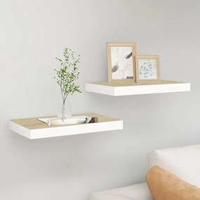 2 db tölgyszínű és fehér MDF lebegő fali polc 40 x 23 x 3,8 cm