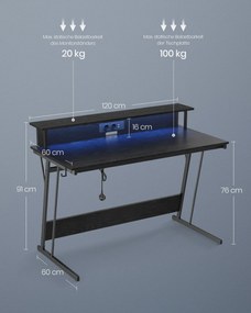 Számítógép asztal, gaming asztal, beépített LED fénnyel és elosztóval, fekete, 60x120x76cm