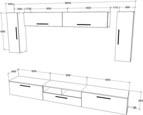 Kos V6 nappali szekrénysor, Fekete / Fényes fehér, MDF, 285 cm