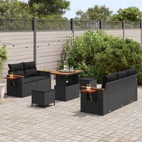 8 darabos kert kanapé szett párnákkal fekete poli rattan akáccal, 3 darabos kert étkező szett párnákkal fekete poli rattan akáccal