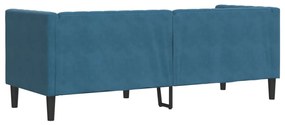 3 személyes kék bársony Chesterfield kanapé hengerpárnákkal