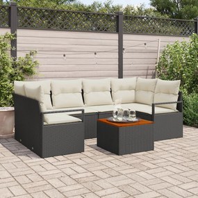 7 darabos kerti kanapé szett párnákkal fekete polyrattan akáciából, 2 személyes kerti kanapé párnákkal fekete polyrattan