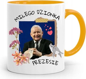 Sárga Vicces Bögre Jaroslaw Kaczynski felirattal, fényképpel