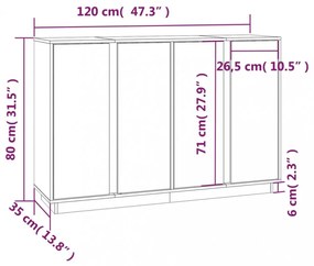 szürke tömör fenyőfa tálalószekrény 120x35x80 cm