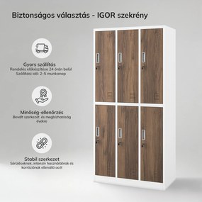 IGOR fehér / dió színű, 6 ajtós Eco Design BHP öltözőszekrény, 900 x 1850 x 450 mm