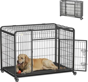 PawHut Összecsukható Fém Kutyaketrec Nagy Kutyáknak 109,5x71x78 cm Kerekekkel és Fékezőkkel, Kivehető Tálca és Ajtó Reteszekkel Golden Retriever Labra